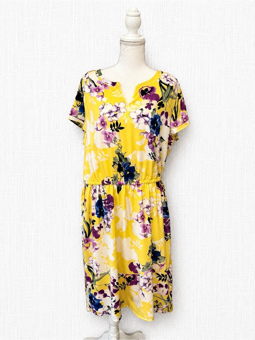 CJ Banks Yellow Floral Midi Dress with Purple & Blue Accents